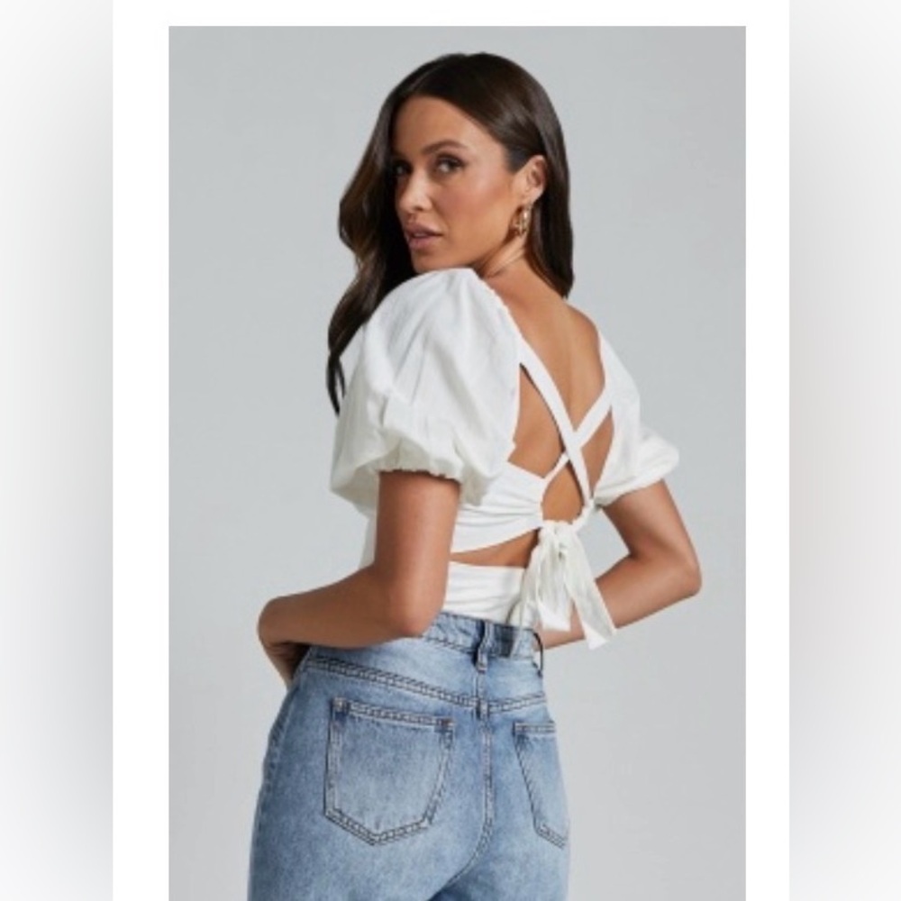 NWOT Showpo White Puff Sleeve Tie-Back Crop